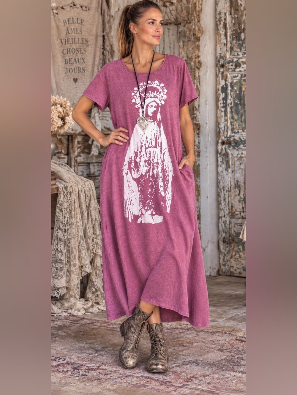 Magnolia Style Free Relaxed Mauve Graphic Long boho Cotton Dress with Pockets S